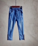 韓版 中性帥氣 造型刷紋褲腳拉鍊深藍牛仔褲